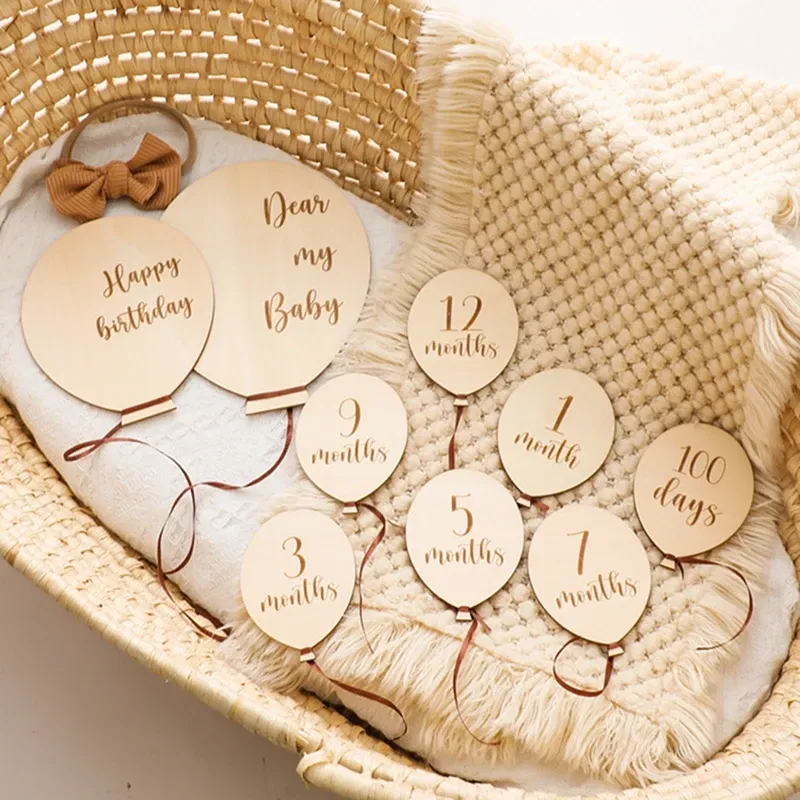 Color: light green, Ships From: CHINA - Baby Balloon Milestone Number Monthly Memorial Month Card Newborn Baby Wooden Engraved Age Photography Accessories Birthing Gift