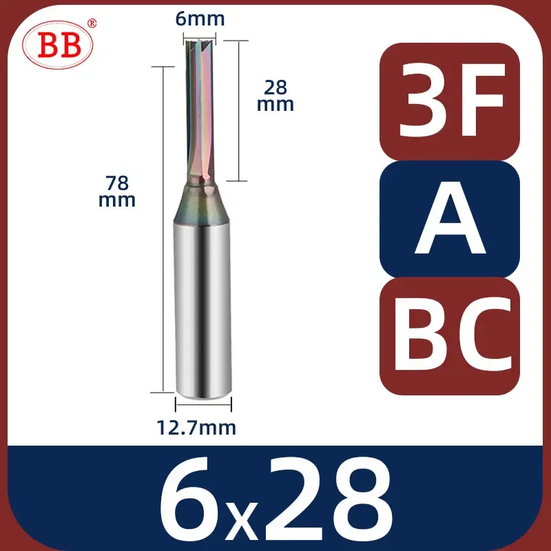 Cutting Edge Length: 3mm, Dimensions: 3.175*1*3 - BB Straight Slot Milling Cutter CNC Wood Engraving Machine Mill Rough Shape TCT Coated Edge D 6mm 8mm 2T 3T 4F Shank 1/2 12.7mm