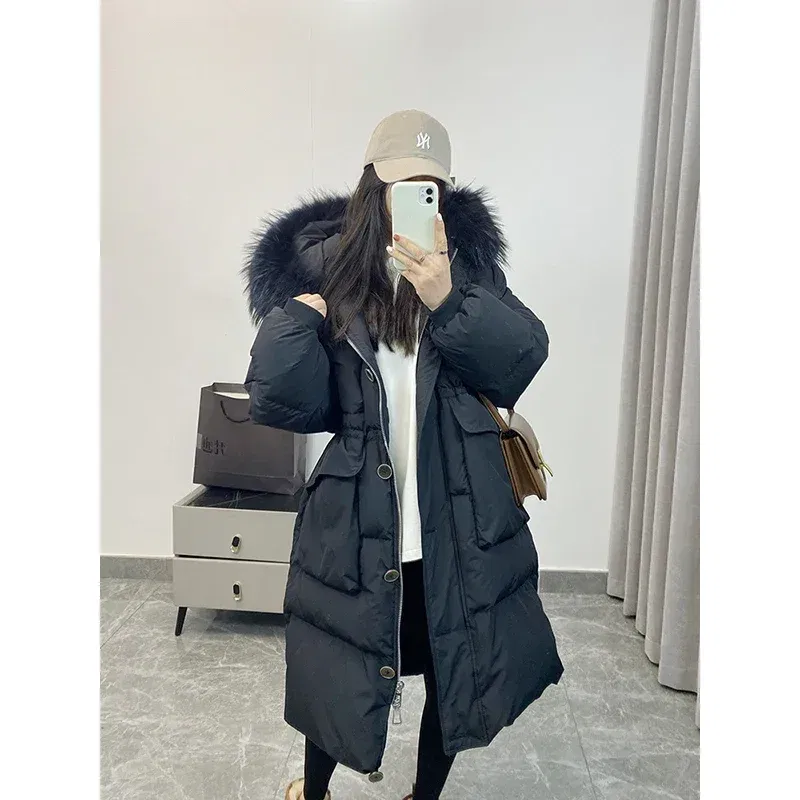 Color: black, Size: S - Down Jacket Women Waterproof Winter Long Puffer Jacket 2024 Real Raccoon Fur Hooded Duck Down Coat Female Rain Feather Parkas
