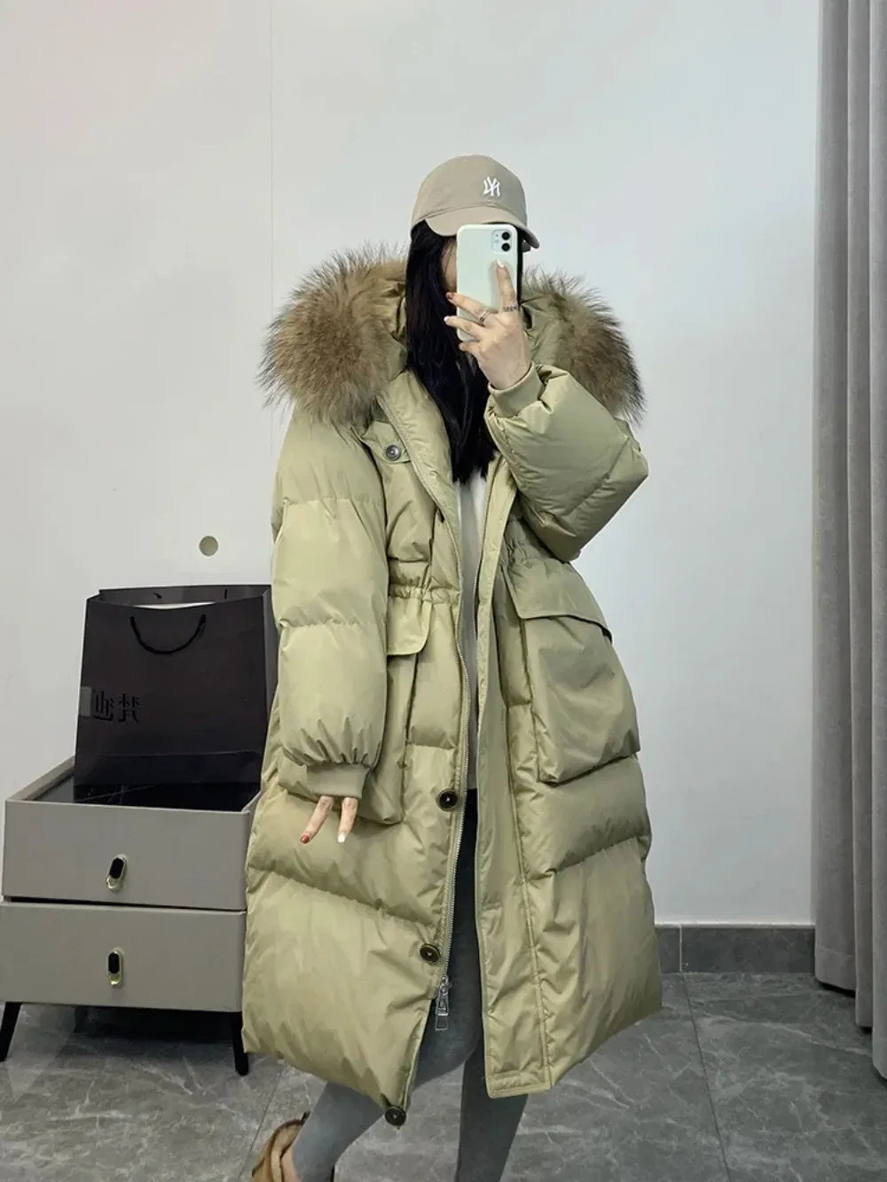 Color: black, Size: S - Down Jacket Women Waterproof Winter Long Puffer Jacket 2024 Real Raccoon Fur Hooded Duck Down Coat Female Rain Feather Parkas