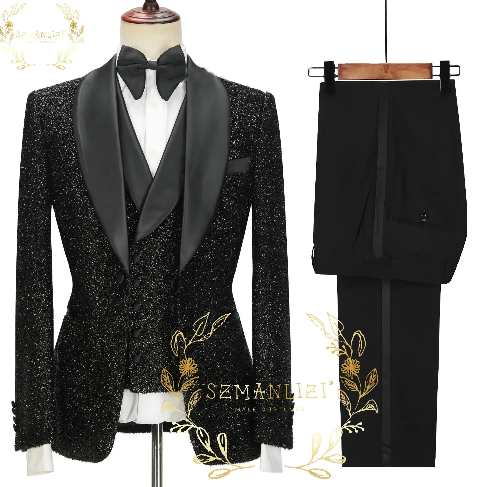 Color: Silver, Size: 5XL - SZMANLIZI 2022 Latest Designs Black Floral Party Blazer Men Suits Costume Homme Groom Tuxedos Wedding Terno Masculino 3 Pieces