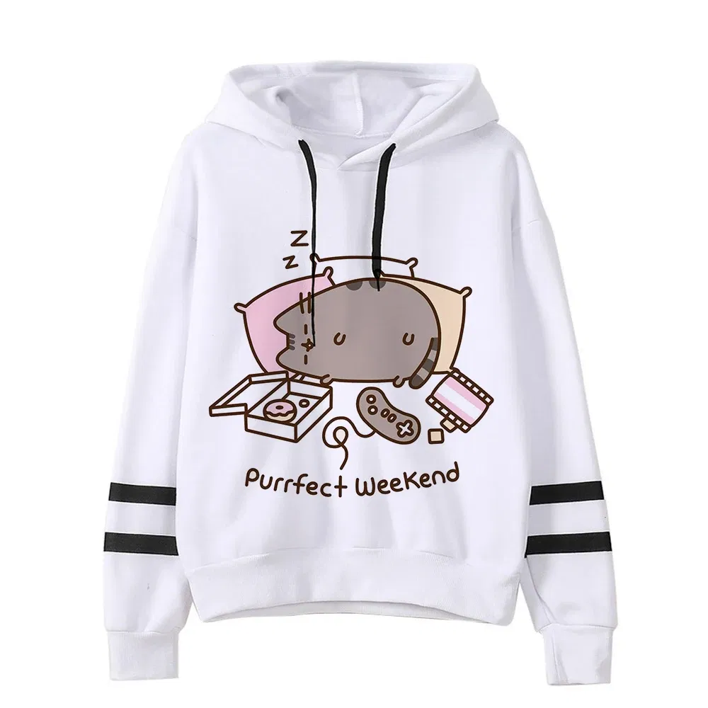 Color: light green, Size: M - Women Ullzang Cute Cat Funny Cartoon Sweatshirt Pusheen Cat Kawaii Harajuku Korean Style Hoodies Graphic Fashion Hoody Female