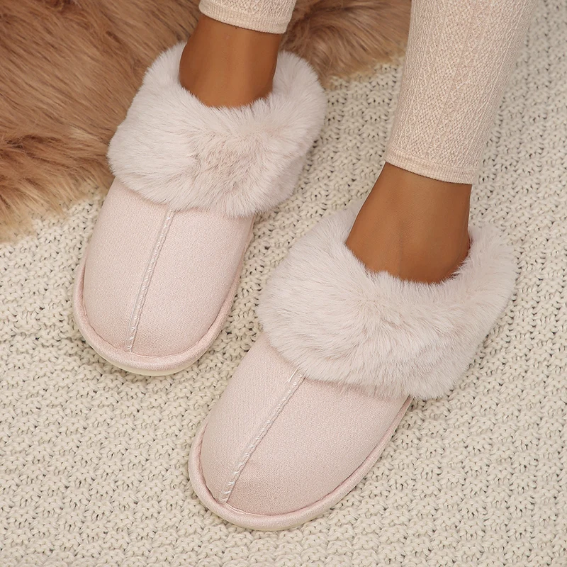 Color: Beige, Shoe Size: 38 - Closed Toe Warm Cotton Slippers Women Faux Fur Thicken Plush Winter Home Shoes Woman Lightweight Casual Indoor Slides Female