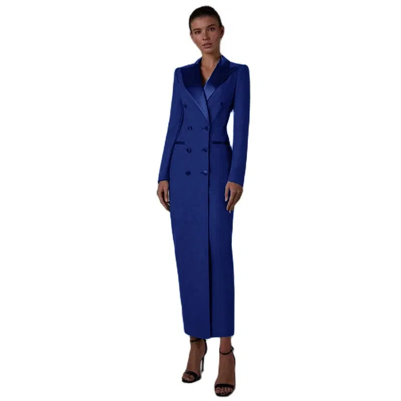 Color: ROYAL BLUE, Size: S - Women's Suit Long Jacket One Piece Blazer Double Breasted Formal Tuxedo Party Dress кос?‚юм ?¶?µнский