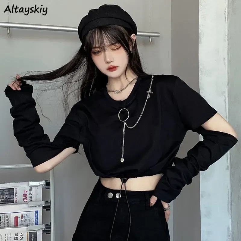 Color: WHITE, Size: XXL - Solid T-shirts Women Removable Sleeve Sequined Chain Japanese Style Harajuku Trendy Goth Y2k Female Crop Top Hot Sale Popular
