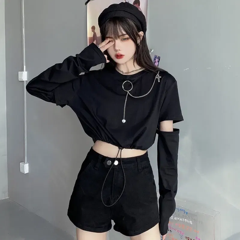 Color: WHITE, Size: XXL - Solid T-shirts Women Removable Sleeve Sequined Chain Japanese Style Harajuku Trendy Goth Y2k Female Crop Top Hot Sale Popular