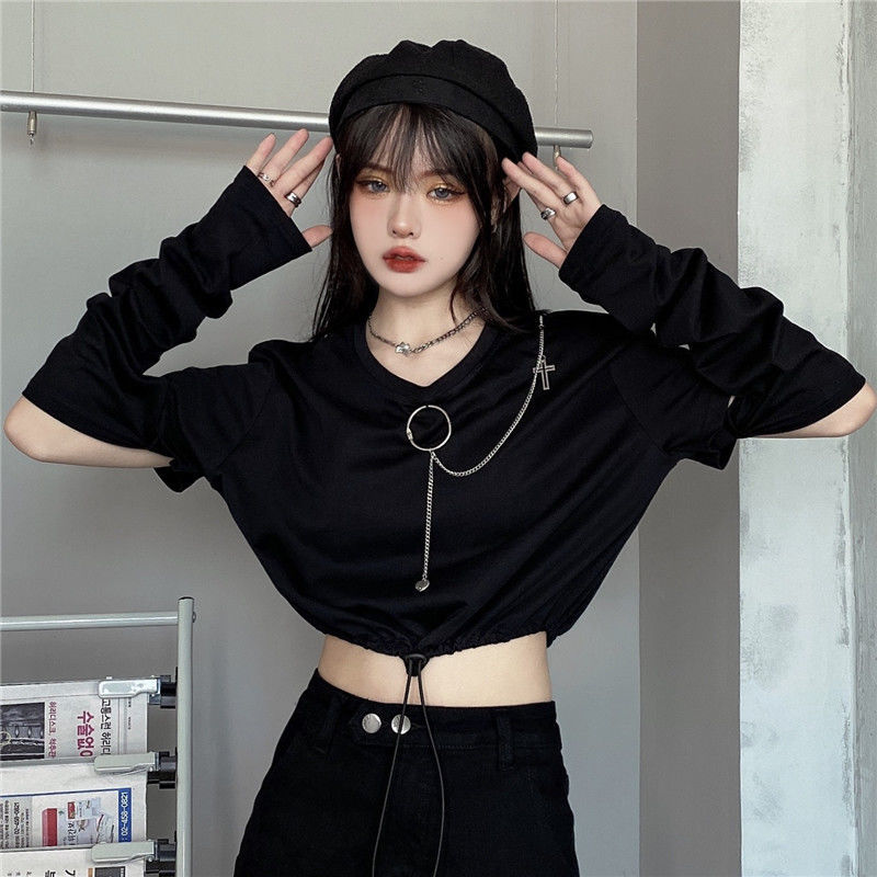 Color: WHITE, Size: XXL - Solid T-shirts Women Removable Sleeve Sequined Chain Japanese Style Harajuku Trendy Goth Y2k Female Crop Top Hot Sale Popular
