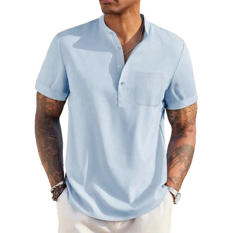 Color: GRAY, Size: S - Summer Men's Cotton Linen T-Shirt Henley Neck Pocket Casual Lightweight Breathable Beach Shirt Solid Color Basic Style Tops