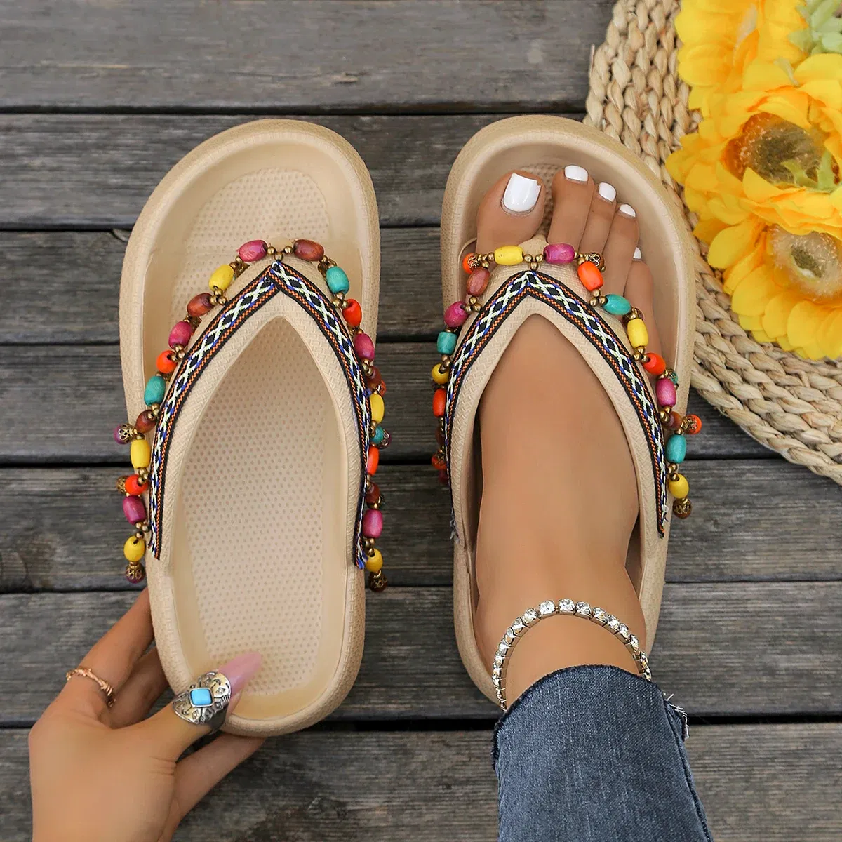 Color: Bronze, Shoe Size: 42-43 - Summer Multi Color Women's Flip Flops Fashionable Metallic Teddy Bear Bow Slide Sandal Beach Vacation Home Versatile Footwear
