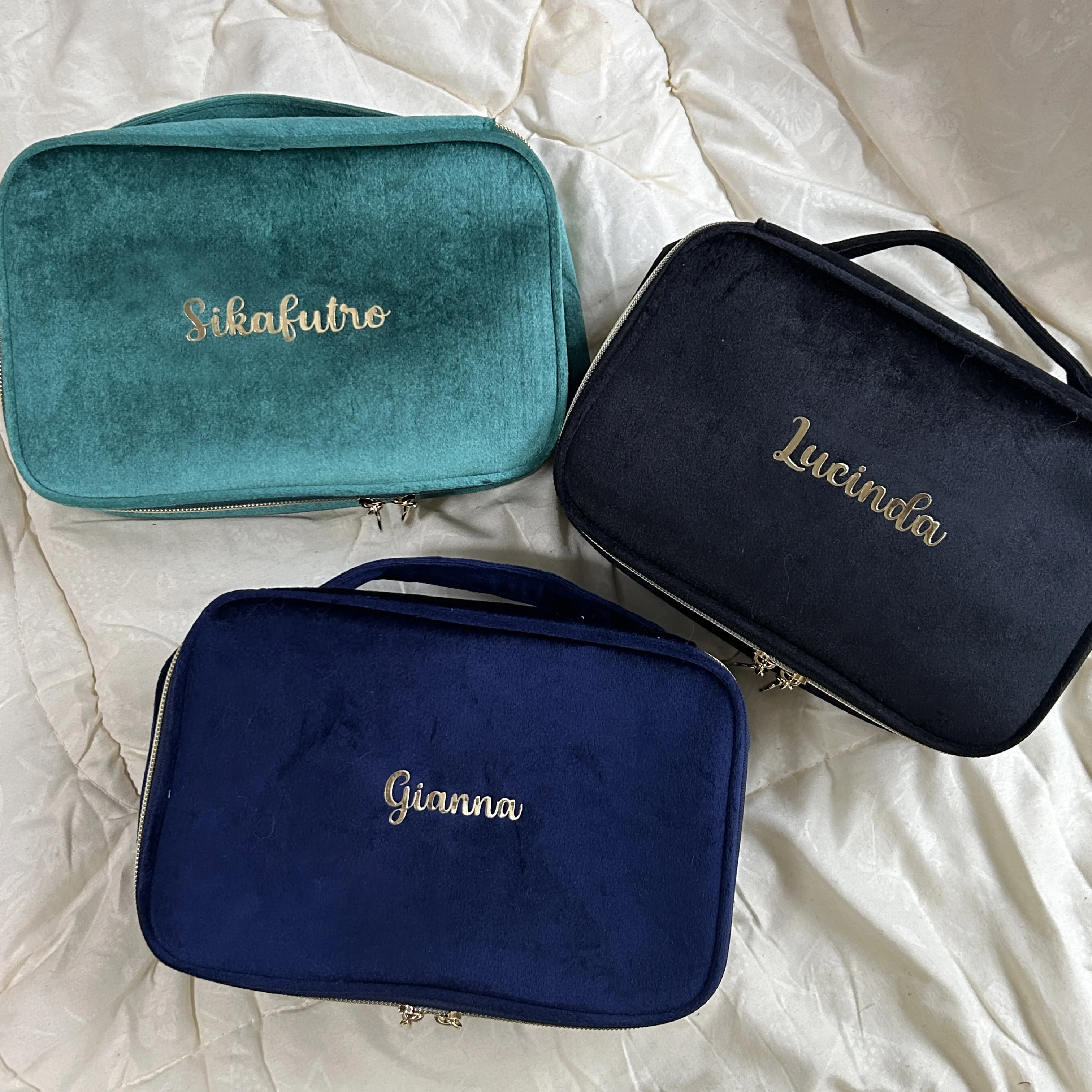 Color: black - Velvet Cosmetics Bag Top Handle Travel Large Capacity Brushes Suede Makeup Vanity Case Custom Initials Name Gift