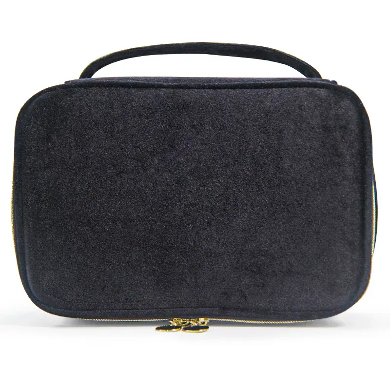 Color: black - Velvet Cosmetics Bag Top Handle Travel Large Capacity Brushes Suede Makeup Vanity Case Custom Initials Name Gift