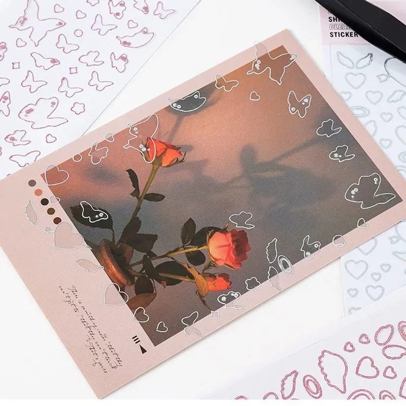 Color: Light Grey - 1 Sheet Transparent Flash Laser Line Stickers Decorative Stationery DIY Scrapbooking Material Pvc Stickers Cute Album Stick