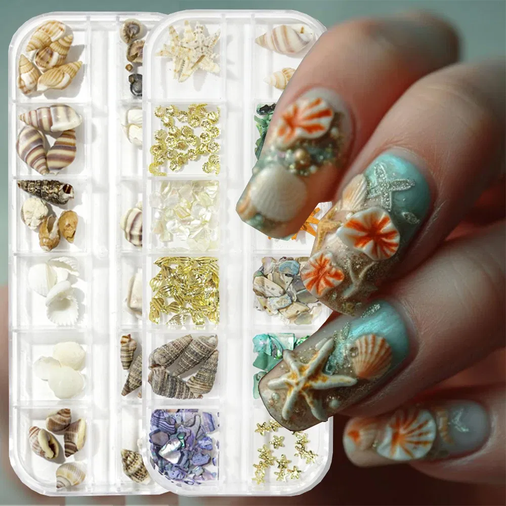 Color: Black - 2Box Summer Nail Art Rhinestones Ocean Charms Shell Starfish Conch Nail Studs Jewelry Sea Series Designs DIY Manicure Decoration