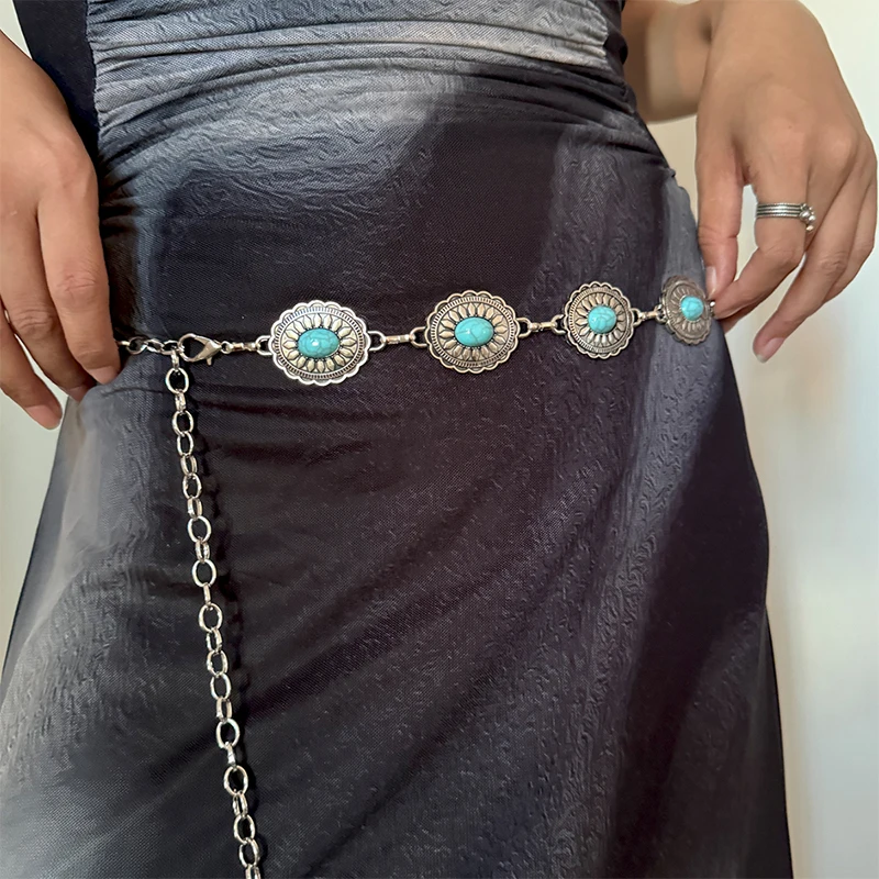 Color: green, Belt Length: 110cm - Fashion Silver Bohemian female circular waist chain luxury blue gemstone Ellipse chain belts for women suitable for Skirts dress