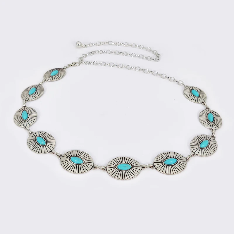 Color: green, Belt Length: 110cm - Fashion Silver Bohemian female circular waist chain luxury blue gemstone Ellipse chain belts for women suitable for Skirts dress