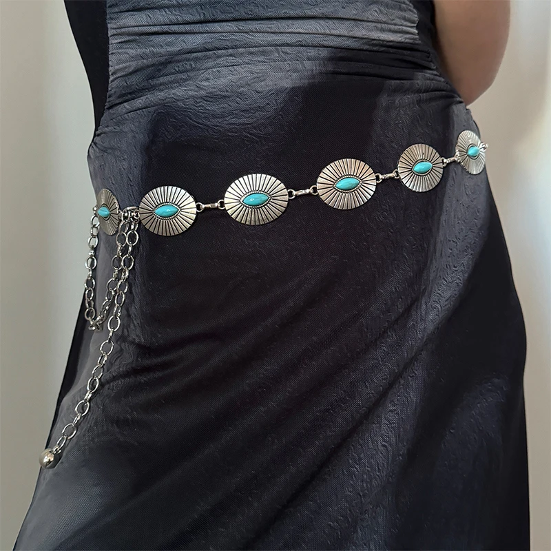 Color: green, Belt Length: 110cm - Fashion Silver Bohemian female circular waist chain luxury blue gemstone Ellipse chain belts for women suitable for Skirts dress
