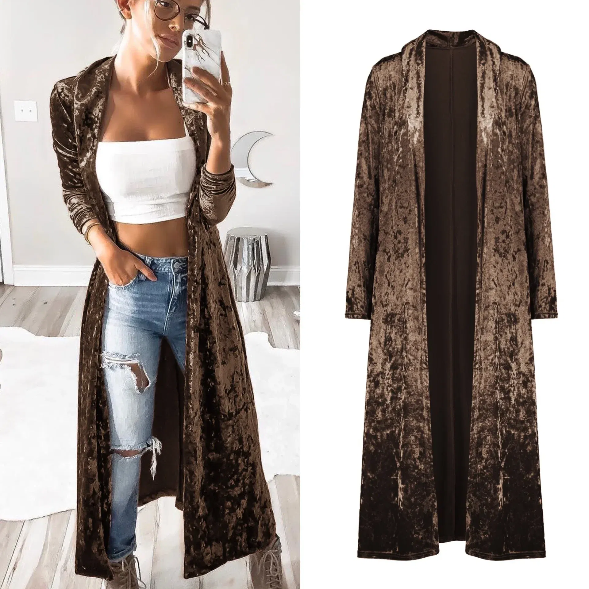 Color: Beige, Size: XL - 2024 Long Velvet Kimono Cardigan Windbreaker Women Jacket Pure Color Fashion Long Sleeve Casual Ladies Long Jacket Trench Coat