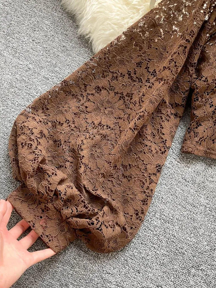 Color: WHITE, Size: One Size - Autumn Black/White/Brown Sexy Lace Blouse Women Elegant V-Neck Puff Long Sleeve Open Back Short Tops Female Party Blusas 2021