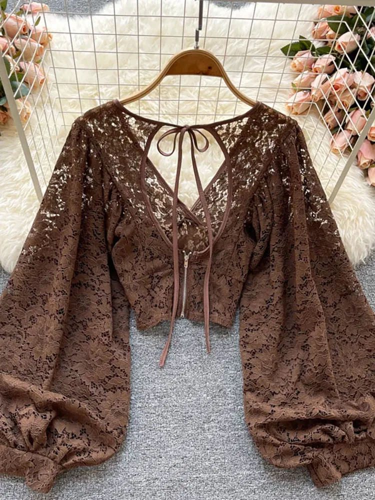 Color: WHITE, Size: One Size - Autumn Black/White/Brown Sexy Lace Blouse Women Elegant V-Neck Puff Long Sleeve Open Back Short Tops Female Party Blusas 2021