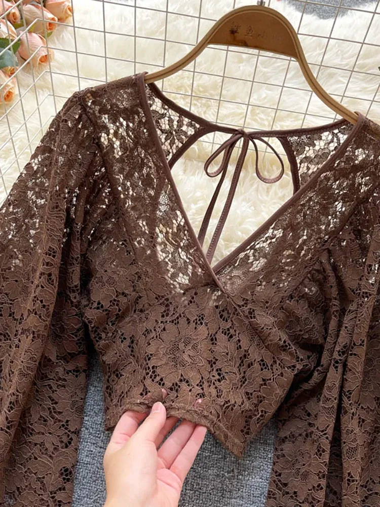 Color: WHITE, Size: One Size - Autumn Black/White/Brown Sexy Lace Blouse Women Elegant V-Neck Puff Long Sleeve Open Back Short Tops Female Party Blusas 2021