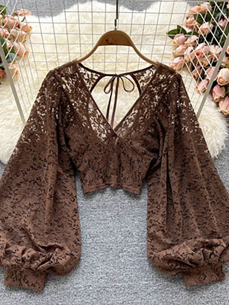 Color: WHITE, Size: One Size - Autumn Black/White/Brown Sexy Lace Blouse Women Elegant V-Neck Puff Long Sleeve Open Back Short Tops Female Party Blusas 2021