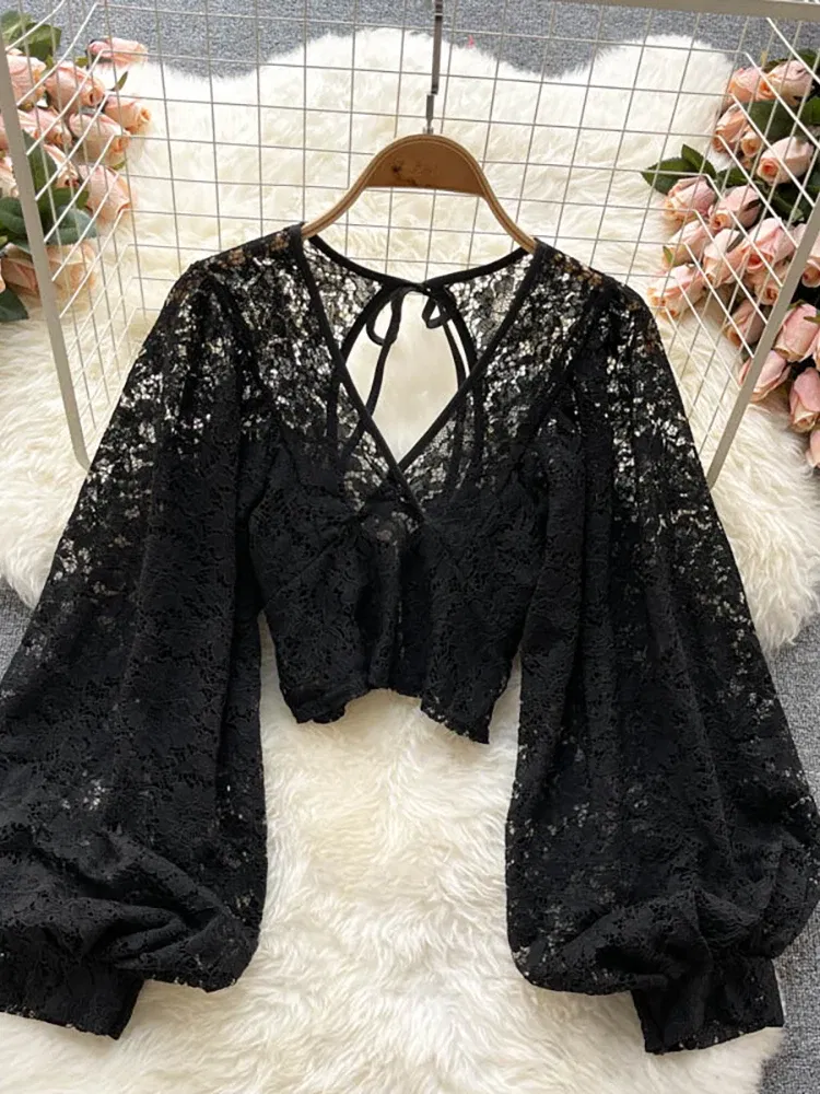 Color: WHITE, Size: One Size - Autumn Black/White/Brown Sexy Lace Blouse Women Elegant V-Neck Puff Long Sleeve Open Back Short Tops Female Party Blusas 2021