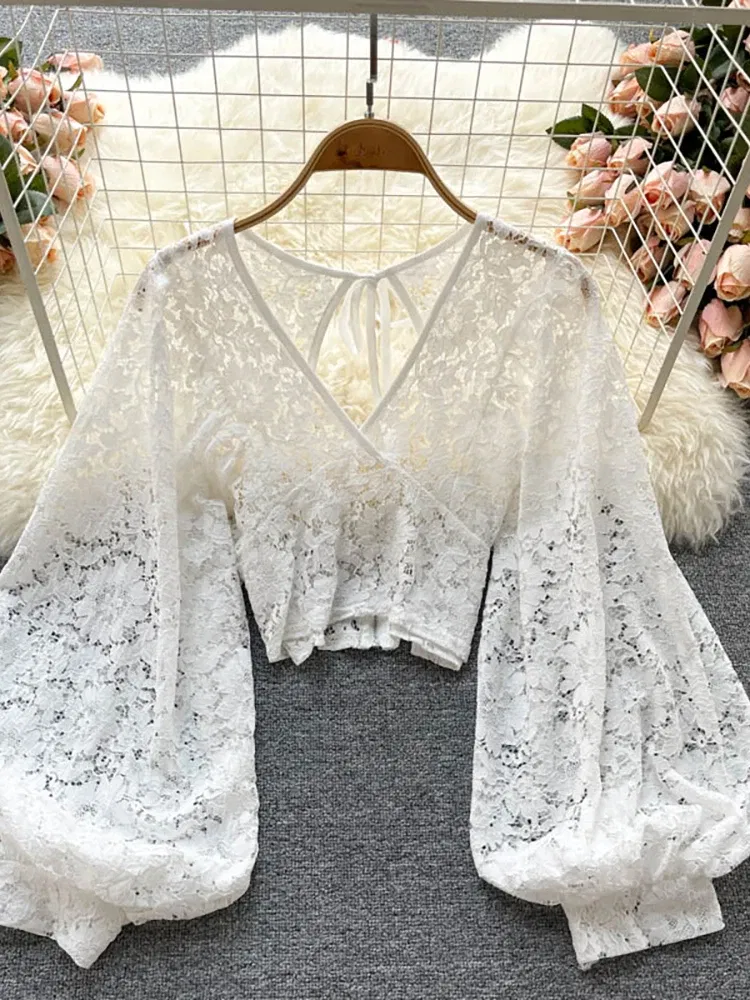 Color: WHITE, Size: One Size - Autumn Black/White/Brown Sexy Lace Blouse Women Elegant V-Neck Puff Long Sleeve Open Back Short Tops Female Party Blusas 2021