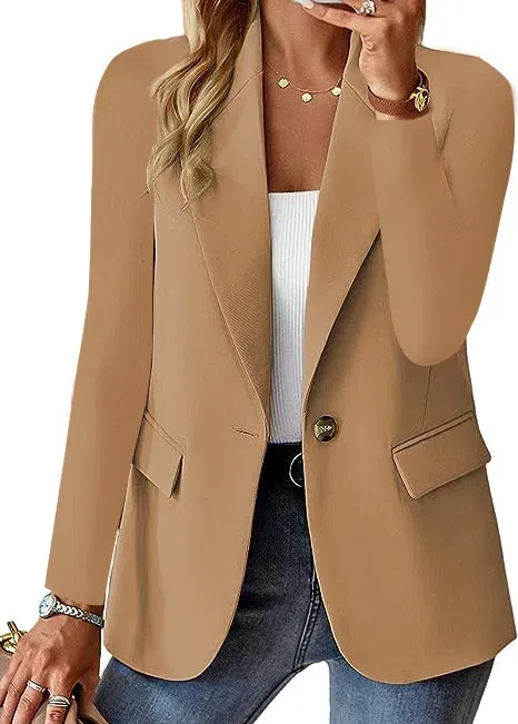 Color: Khaki, Size: XXL - Womens Spring Winter Down Full Long Sleeve Coat Autumn Blazer Button Outwear Suit Cardigan Female