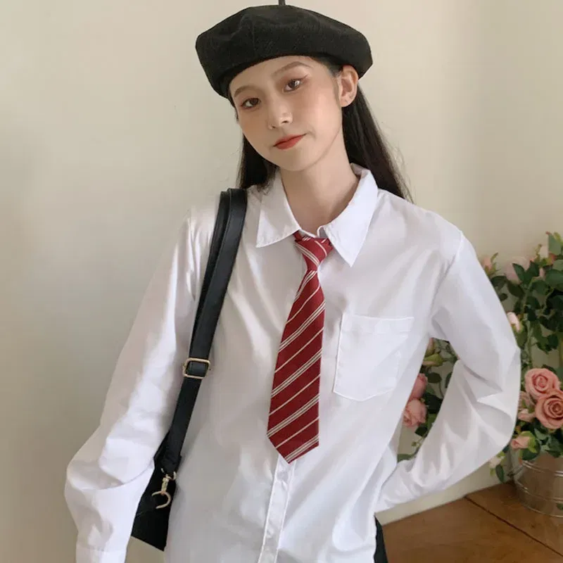 Color: WHITE, Size: XL - MEXZT Japanese Women Solid White Shirts Spring Jk Preppy Style Long Sleeve Student Blouse Fashion Button Female Pocket Tops New