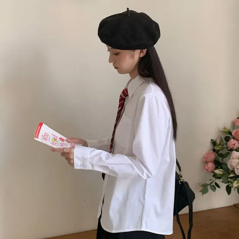 Color: WHITE, Size: XL - MEXZT Japanese Women Solid White Shirts Spring Jk Preppy Style Long Sleeve Student Blouse Fashion Button Female Pocket Tops New