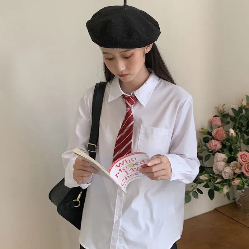 Color: WHITE, Size: XL - MEXZT Japanese Women Solid White Shirts Spring Jk Preppy Style Long Sleeve Student Blouse Fashion Button Female Pocket Tops New