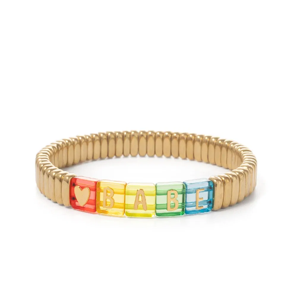Metal Color: Rust Red, Ships From: CHINA - Wholesale Gold Silver Color Elastic Bracelets Handmade Letter Charms Bracelets For Women 2X8MM Beads Bracelets Bohemain Jewelry