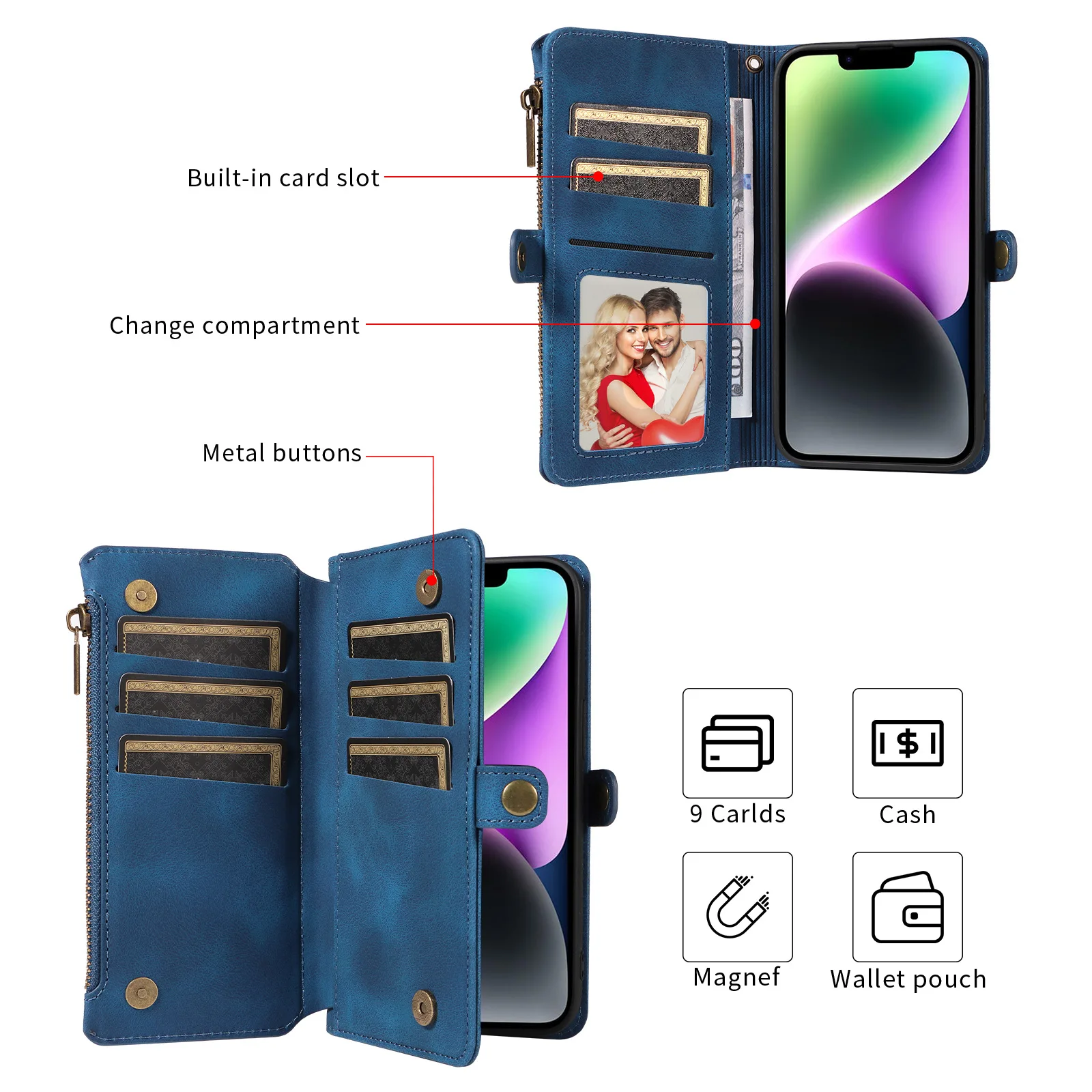 Color: Blue, Material: EVA - Zipper Multi 9 Cards Wallet Case for OPPO Reno 12 10 8 7 6 5 Pro 11F 11A 8T 6Z 5Z Retro Leather Lanyard Wrist Strap Phone Cover