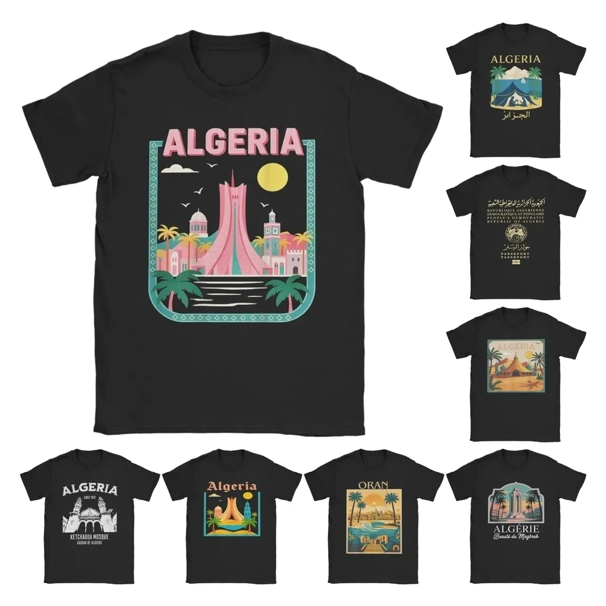 Color: Fuchsia, Size: 4XL - Men Algeria DZ City Algerian T Shirts Africa Arab Pure Cotton Clothes Hipster Short Sleeve Crewneck Tees Gift Idea T-Shirt