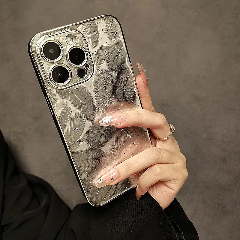 Color: Beige, Material: nylon - Luxury Plating Feather Phone Cover For iPhone 12 Pro 14 13 11 15 Pro Max Hard Anti-drop Lens Protection Case For iPhone 15 Plus