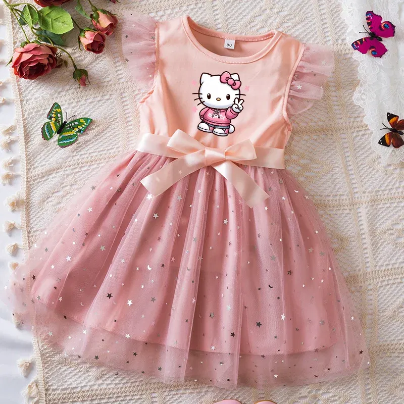 Color: Silver, Kid Size: 9 - Hello Kitty Girls Sequin Tutu Dress with Bow Flutter Sleeves Summer Princess Party Outfit for Toddler Kids 2-6 Years