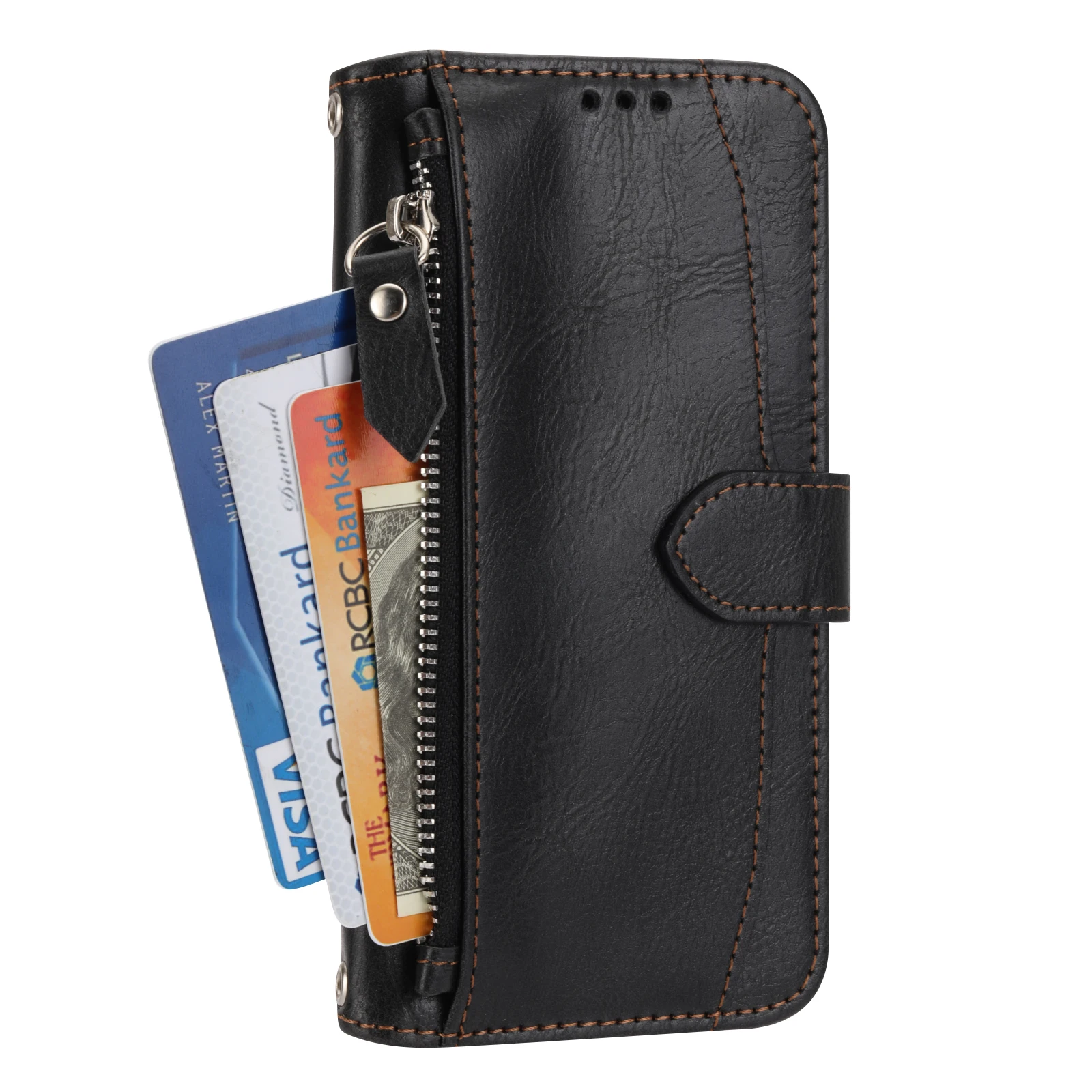 Color: black, Material: ABS - Fashion Zipper Wallet Case For Samsung Galaxy S21 S22 S23 S24 S24FE S24PLUS S24ULTRA MaxBag Flip Card Faux Leather Book Cover