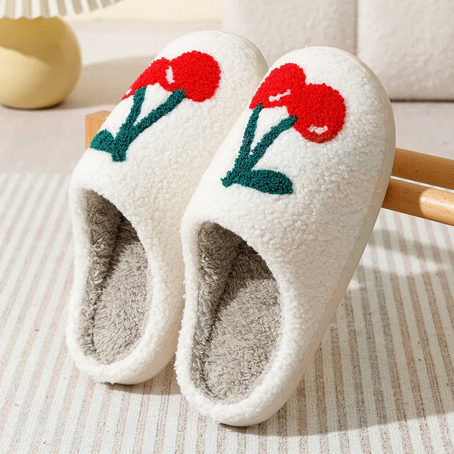 Color: Pink, Shoe Size: 4.5 - Cute Avocado Women Slippers Winter Warm Indoor Fruit Cartoon Funny Soft Non-slip Slipper Cherry Strawberry Comfy Cotton Shoes