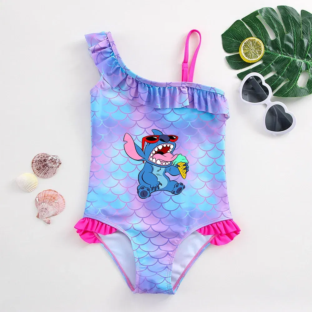 Color: Clear, Size: L - Stitch Girls Swimsuit Fashion Mermaid Fish Scale One-Piece Bathing Suits Children's Dresses Summer Swimwear Beach Suit Kids Wear