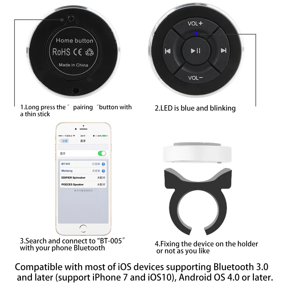Car Steering Wheel Buttons Bluetooth Switch Wireless Remote Control For IOS Android Phone Tablet Radio FM Player Audio Volume