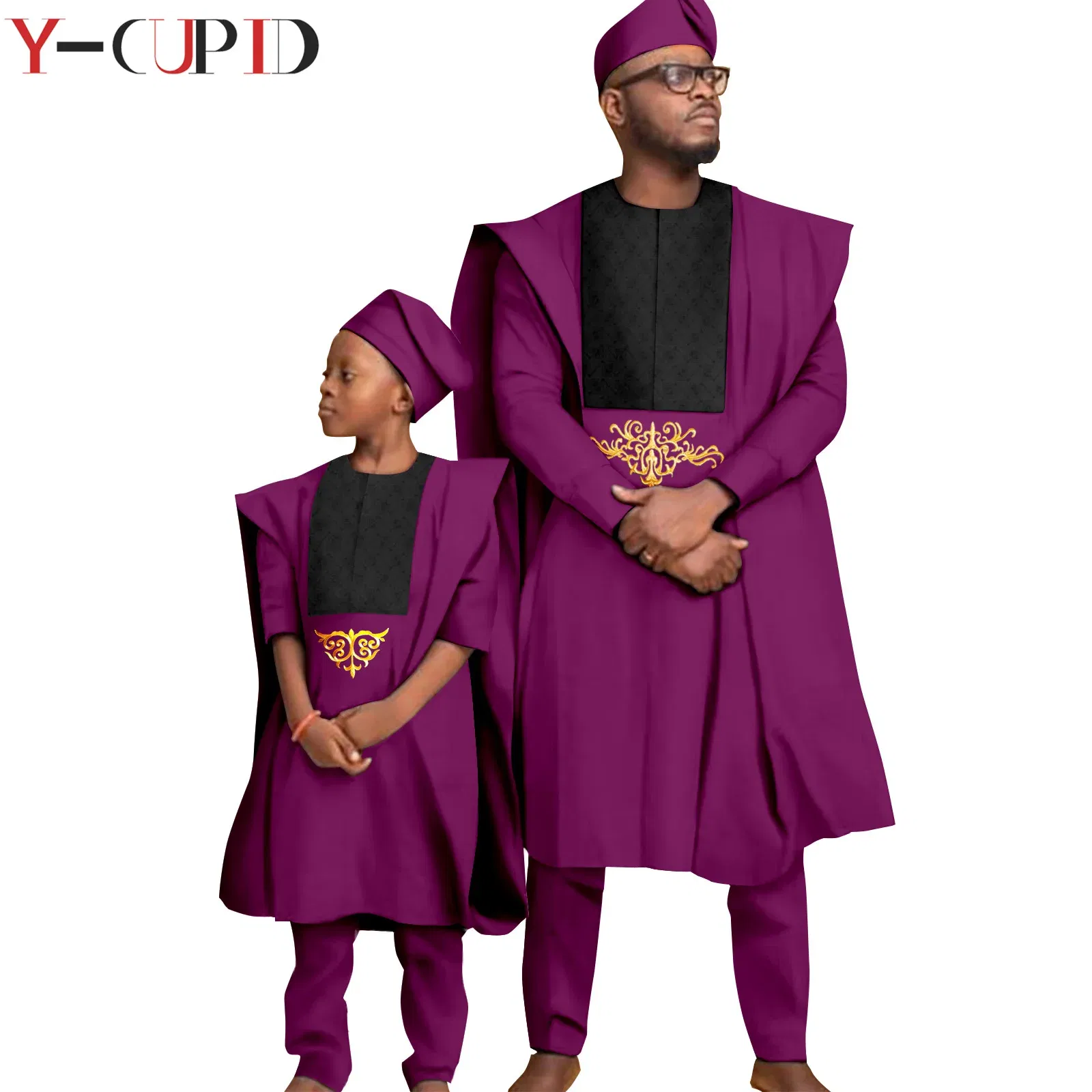 Color: Pink, Size: Mother 5XL - African Clothes for Men Top Pants Robes Hat Sets Match Kid Boy Sets Dashiki Father and Son Bazin Riche Family Outfits Y20F001