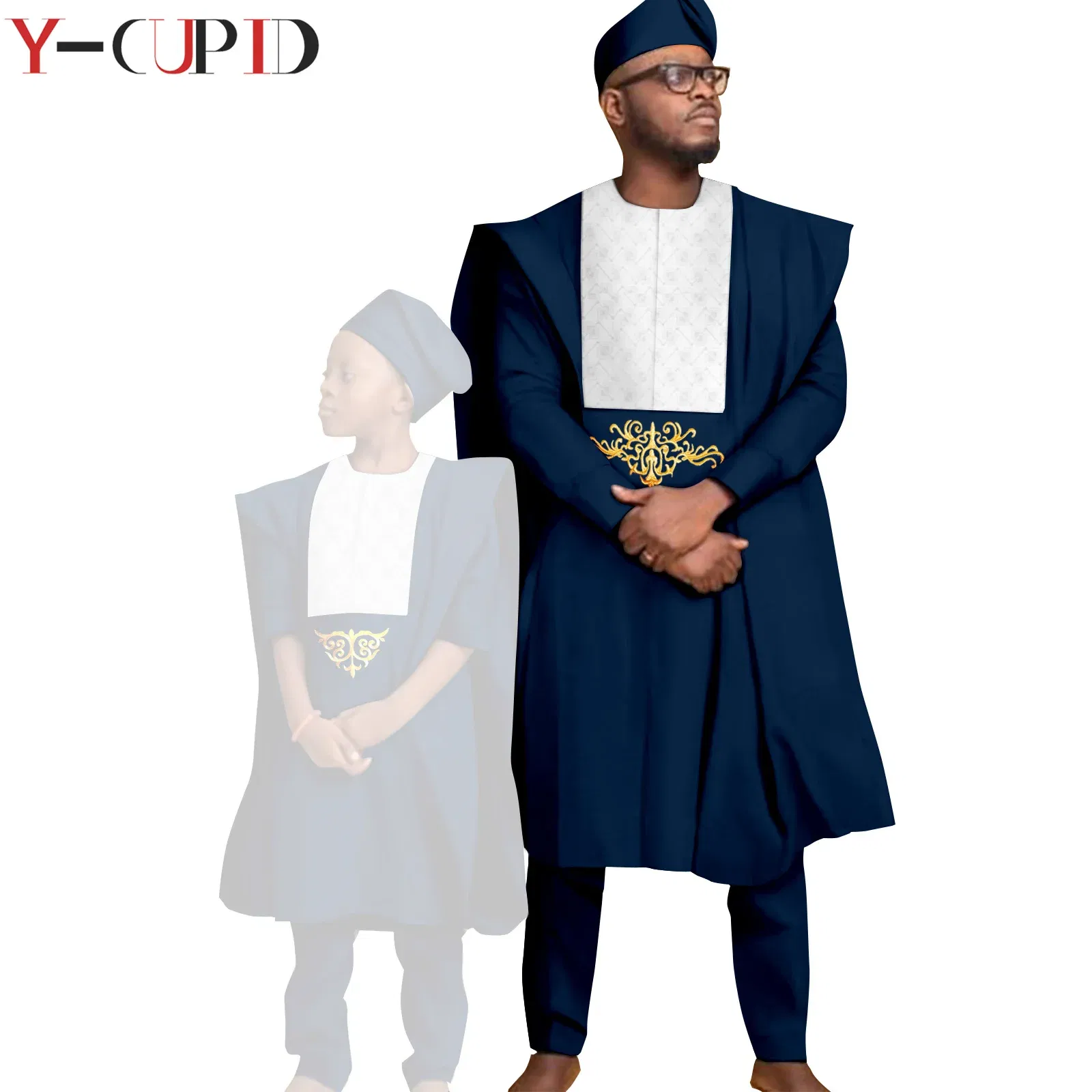 Color: Champagne, Size: L - African Clothes for Men Top Pants Robes Hat Sets Match Kid Boy Sets Dashiki Father and Son Bazin Riche Family Outfits Y20F001