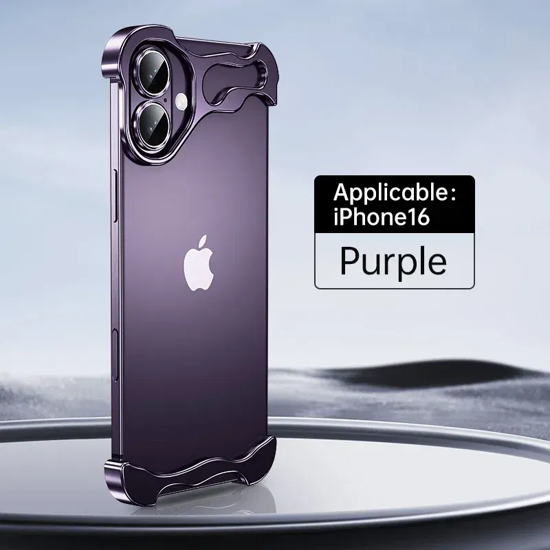 Color: black, Material: POLYESTER - Aluminum Metal Rimless Phone Case for iPhone 16 15 14 Plus 13 12 Pro Max Lens Protective Film Hollow Logo Cooling Accessory Case