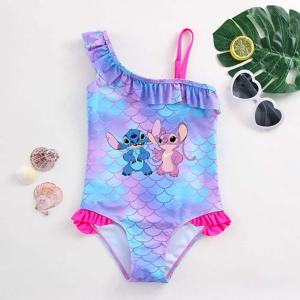 Color: Orange, Size: L - Stitch Girls Swimsuit Fashion Mermaid Fish Scale One-Piece Bathing Suits Children's Dresses Summer Swimwear Beach Suit Kids Wear