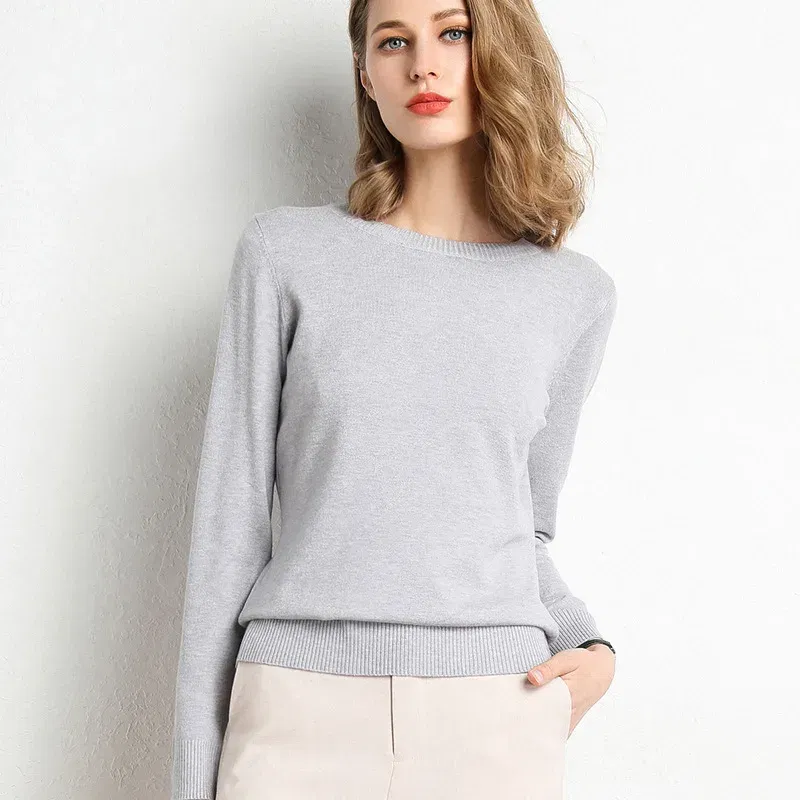Color: GRAY, Size: XL - Women Slim O-Neck Solid Pullover Cashmere Wool Blending Sweater Autumn And Winter Long-Sleeved Knit Bottoming Shirt Large Size