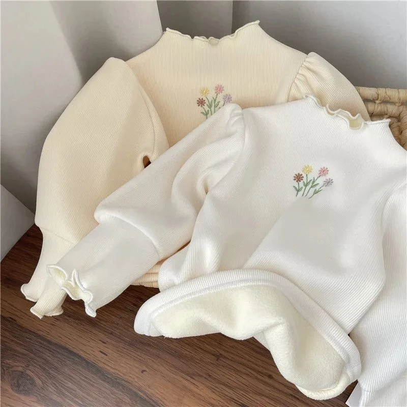 Color: Beige, Kid Size: 10 - Baby Girls Top Winter Kids Warm Thickening Sweater Children Puff Sleeve Flower Embroidery Bottom Shirt 1-6 Years Casual Clothing