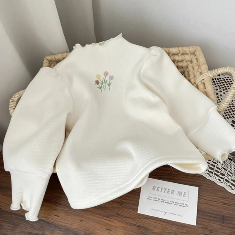 Color: Beige, Kid Size: 10 - Baby Girls Top Winter Kids Warm Thickening Sweater Children Puff Sleeve Flower Embroidery Bottom Shirt 1-6 Years Casual Clothing