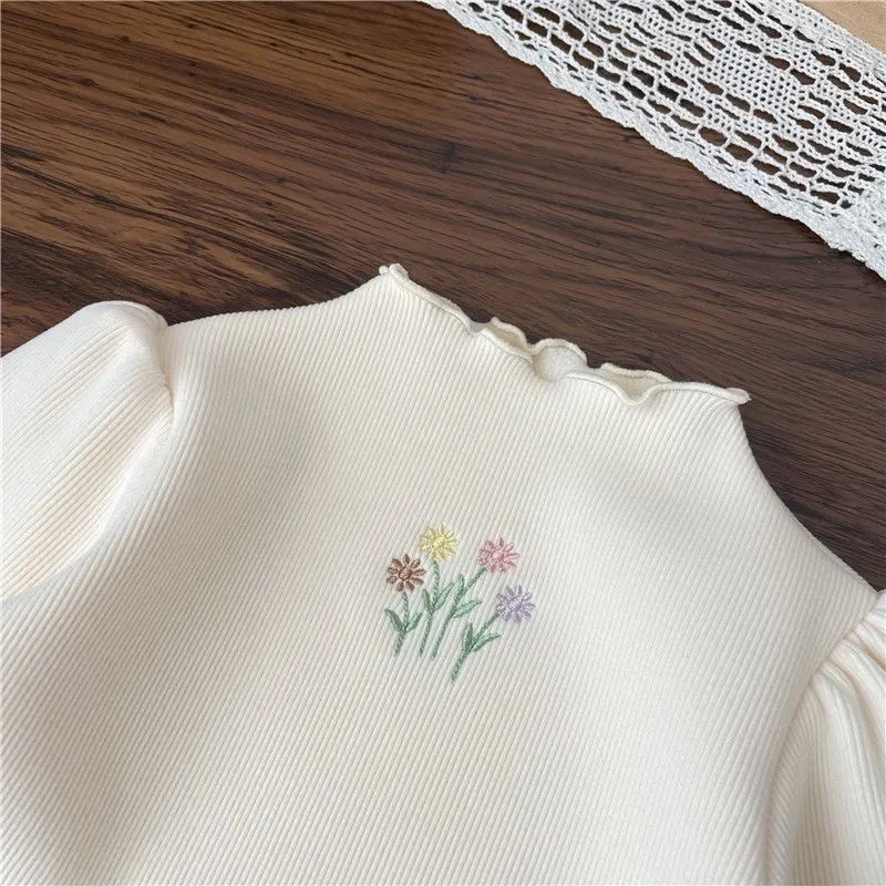 Color: Beige, Kid Size: 10 - Baby Girls Top Winter Kids Warm Thickening Sweater Children Puff Sleeve Flower Embroidery Bottom Shirt 1-6 Years Casual Clothing