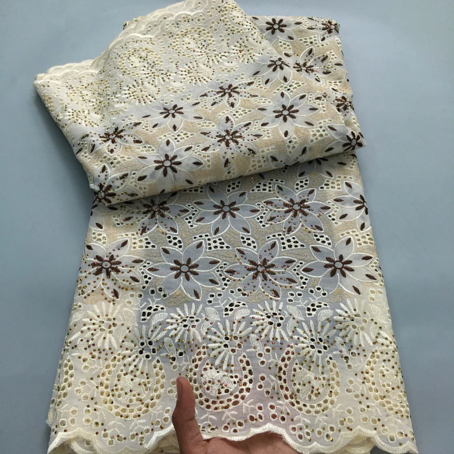 Color: light green, length: 5 yards, Width: 120cm - Black Swiss Lace Fabric High Quality 2025 Embroidered Rhinestones Nigerian Cotton Lace Fabric African Dress for Women Sew A4212