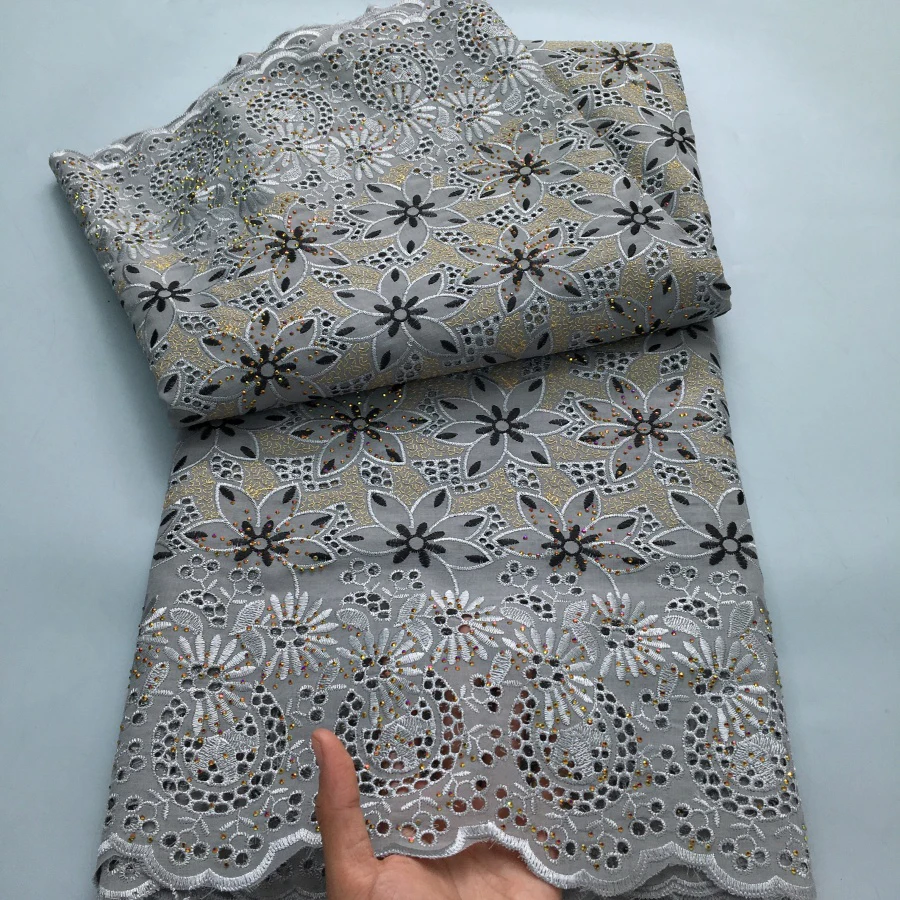 Color: light green, length: 5 yards, Width: 120cm - Black Swiss Lace Fabric High Quality 2025 Embroidered Rhinestones Nigerian Cotton Lace Fabric African Dress for Women Sew A4212